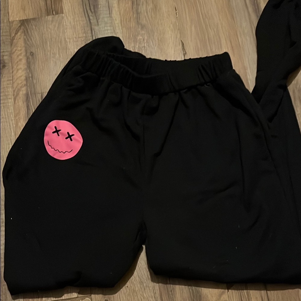 Kids Black Joggers with Pink Smiley Patch
